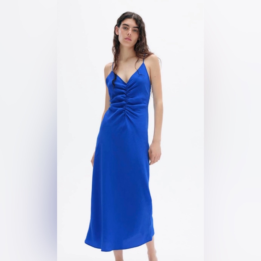 Zara Silky Flowy Vibrant Cobalt Ruched Blue Maxi Dress - Size XS